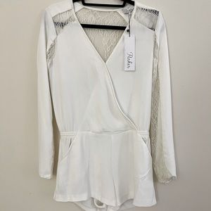 Parker Ross Combo Romper Ivory Long Sleeve Lace Inset Cutout Small NWT